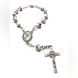 Handmade One Decade Purple White Floral Car Rosary Rear View Mirror Catholic